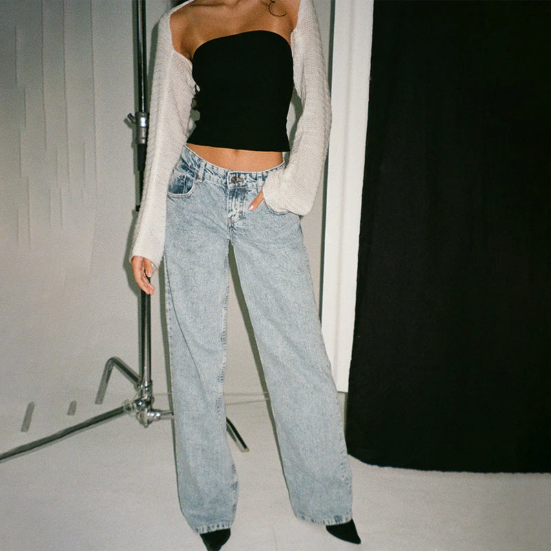 Women Casual Low Rise Jeans Fashion Loose Straight Leg Denim Pants with Pockets for Summer Spring