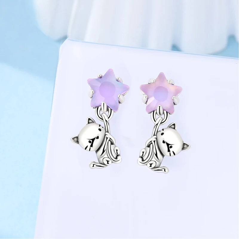 VAMO Earrings Real 925 Sterling Silver Jewelry Cat Picking Stars Ear Studs Sparkling Pave Earring Women Anniversary Wedding Gift