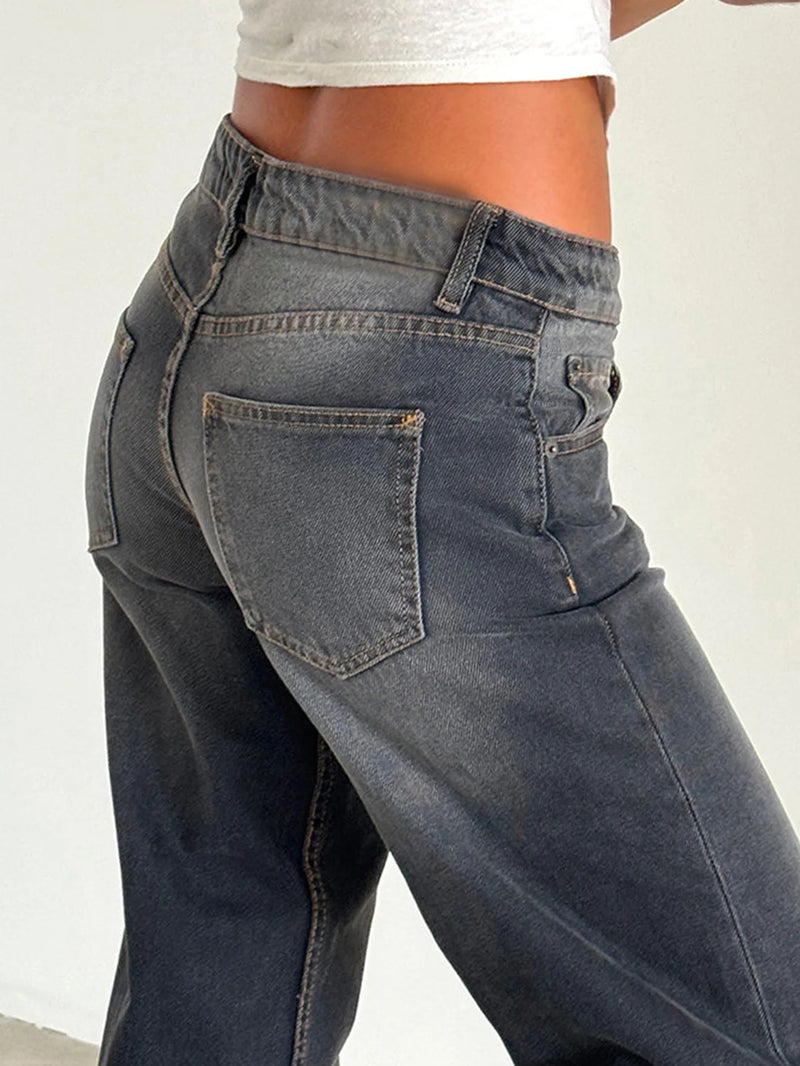 Jeans Women Denim Wide Leg Pant Floor Length Pants Splice Loose Casual Pockets High Waist Straight Trousers Autumn Winter