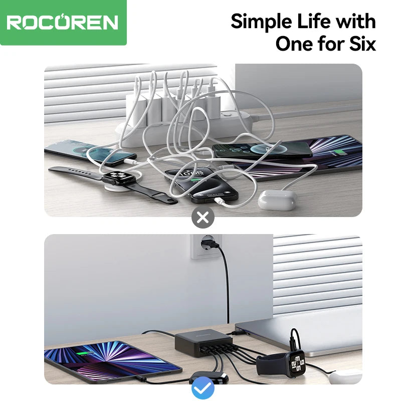 Rocoren 150W 6 in 1 Multi Port USB Type C High Speed Charger Fast Charging Dock Desktop Charger Power Station For iPhone Samsung
