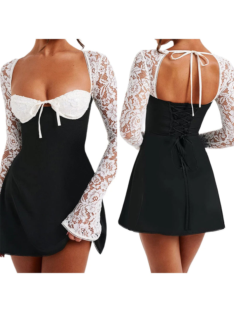 Women Long Sleeve Mini Dress Casual Lace Patchwork Tie up Backless A-Line Party Dress for Cocktail Streetwear