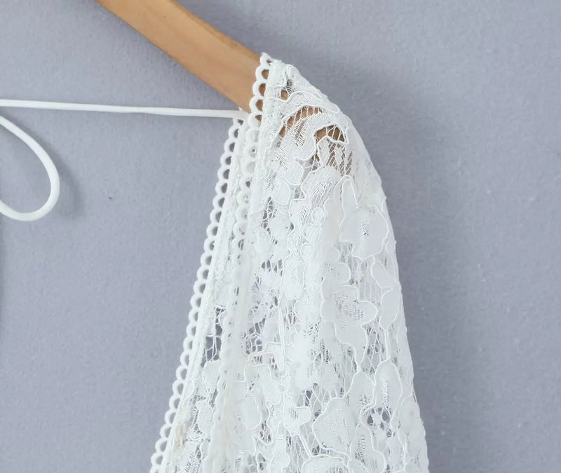 Sexy White Spliced Lace Wire Chest Corset Style Mini Dress Women Full Sleeve Cross Bandage Lacing up Back Bow Party Skater Robe