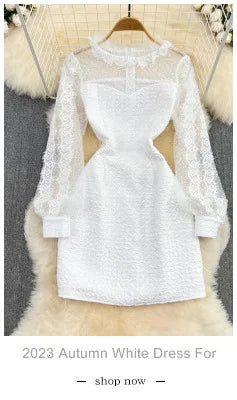 Vintage Flower Embroidery Hollow Out Lace White Dress Women's Stand Collar Long Lantern Sleeve Pearls Buttons Party Vestidos