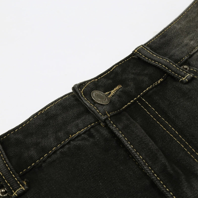 Retro Black Women Jeans Streetwear Straight Denim Pants Vintage Y2k Five Pockets Loose Trousers