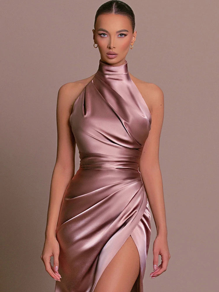 Summer Elegant Party Evening Dress Sexy Women Sleeveless Long Halter Dress Fall Backless High Split Bodycon Maxi Dresses Black