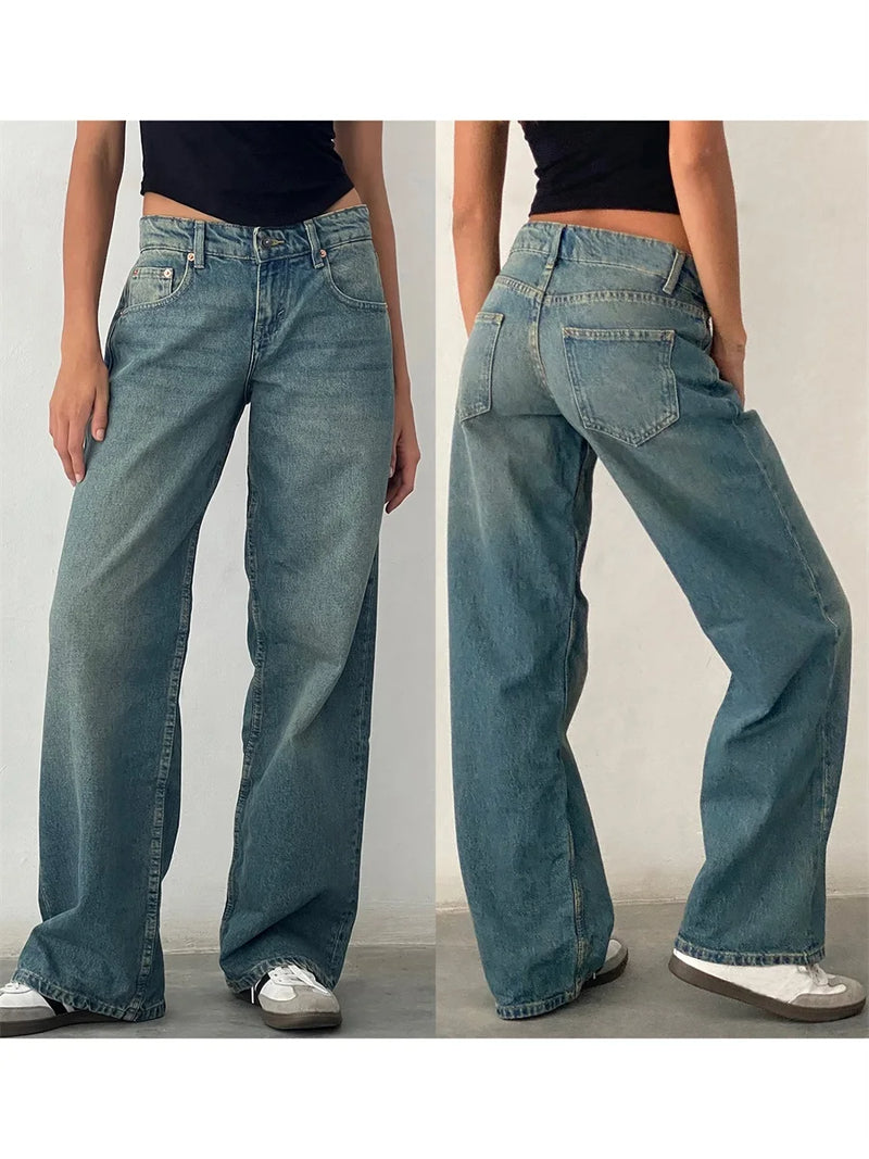 Women Casual Low Rise Jeans Fashion Loose Straight Leg Denim Pants with Pockets for Summer Spring