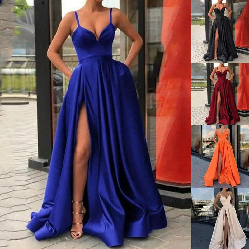 2025 Women's Evening Wedding Party Dress Solid Elegant Side Slit A-Line Satin Sleeveless Straps Banquet Maxi Long Dress Vestidos