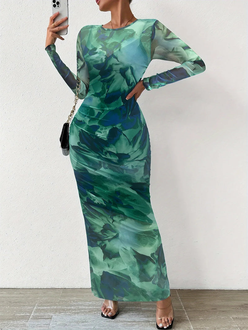 Women's dress, commuting tie dye pleated slim fit round neck long sleeved dress, autumn feminine temperament, high-end feeling