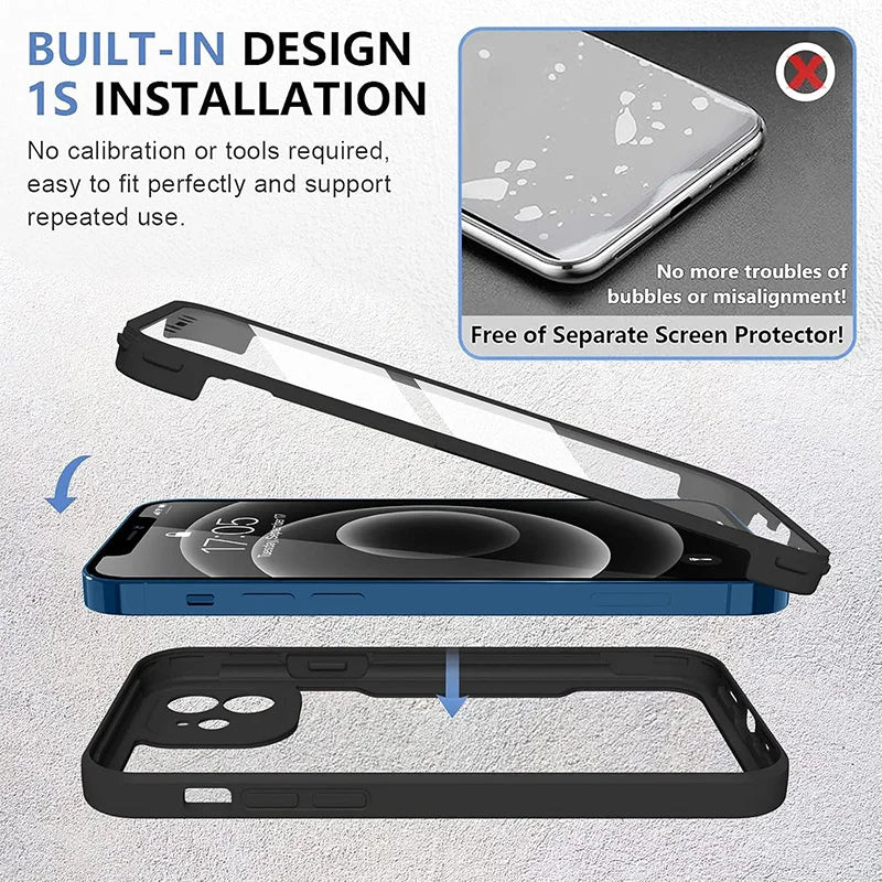 360 Full Body Protection Case For iPhone 15 14 13 12 11 Pro Max 7 8 Plus SE 2 Front Screen Shockproof Clear Cover Coque Fundas