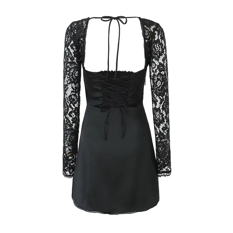 Sexy White Spliced Lace Wire Chest Corset Style Mini Dress Women Full Sleeve Cross Bandage Lacing up Back Bow Party Skater Robe