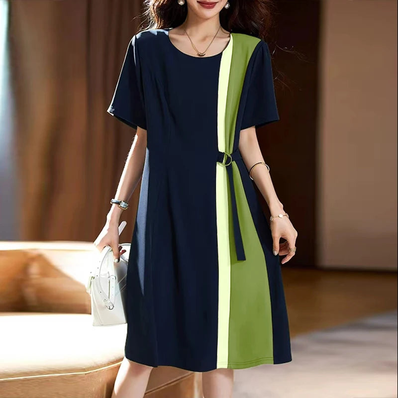 ZANZEA Women Patchwork Long Dress Korean Fashion Belt Waist Vestidos 2024 Summer Elegant Short Sleeve Robe Holiday Loose Dresses