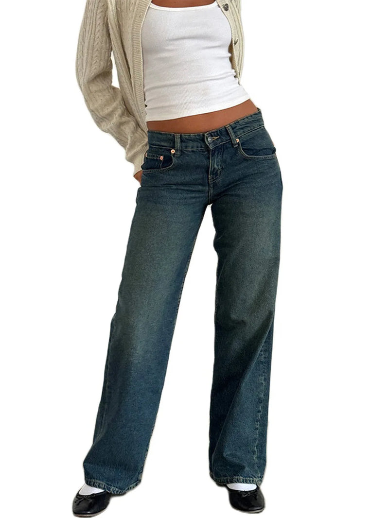 Jeans Women Denim Wide Leg Pant Floor Length Pants Splice Loose Casual Pockets High Waist Straight Trousers Autumn Winter