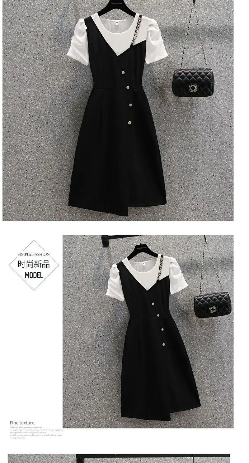 Korean Elegant Summer Dress 2025 New All-match Midi Skirt Women's Fashion Chic Irregular Slim T-Shirt Fake Two Piece Dresses