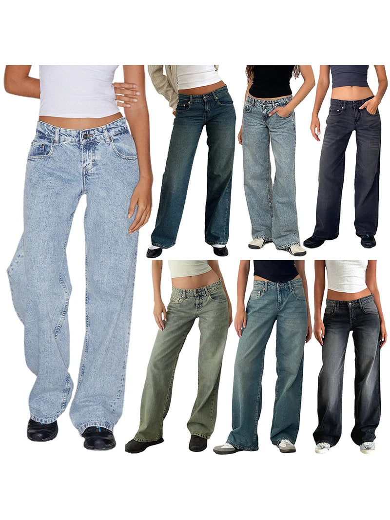 Women Casual Low Rise Jeans Fashion Loose Straight Leg Denim Pants with Pockets for Summer Spring