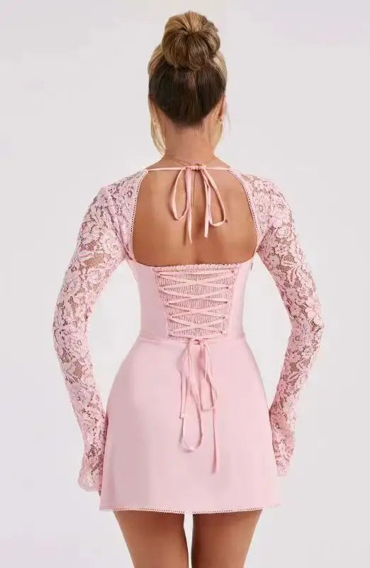 2024 European and American Fashion Women New Sexy Lace Lace Trimmed Slim Fit Backless French Long Sleeved Dress