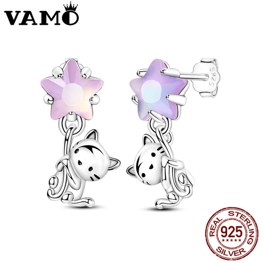 VAMO Earrings Real 925 Sterling Silver Jewelry Cat Picking Stars Ear Studs Sparkling Pave Earring Women Anniversary Wedding Gift