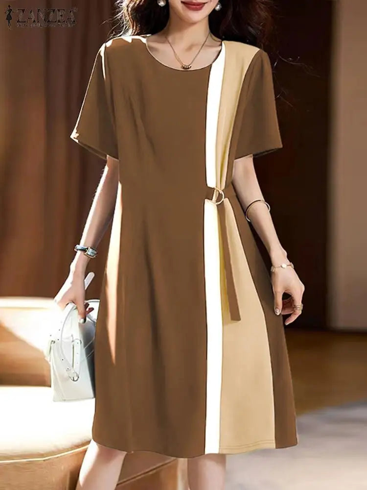 ZANZEA Women Patchwork Long Dress Korean Fashion Belt Waist Vestidos 2024 Summer Elegant Short Sleeve Robe Holiday Loose Dresses