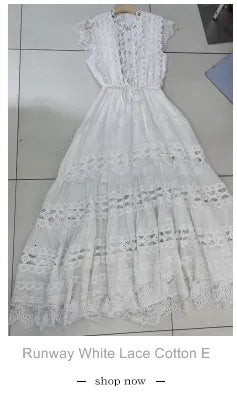 Vintage Flower Embroidery Hollow Out Lace White Dress Women's Stand Collar Long Lantern Sleeve Pearls Buttons Party Vestidos