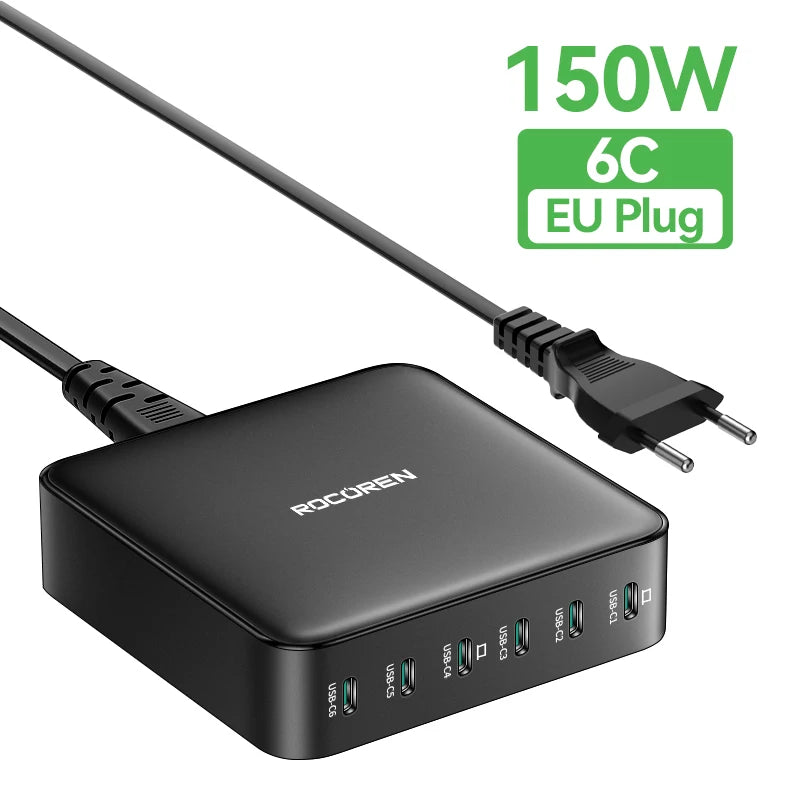 Rocoren 150W 6 in 1 Multi Port USB Type C High Speed Charger Fast Charging Dock Desktop Charger Power Station For iPhone Samsung