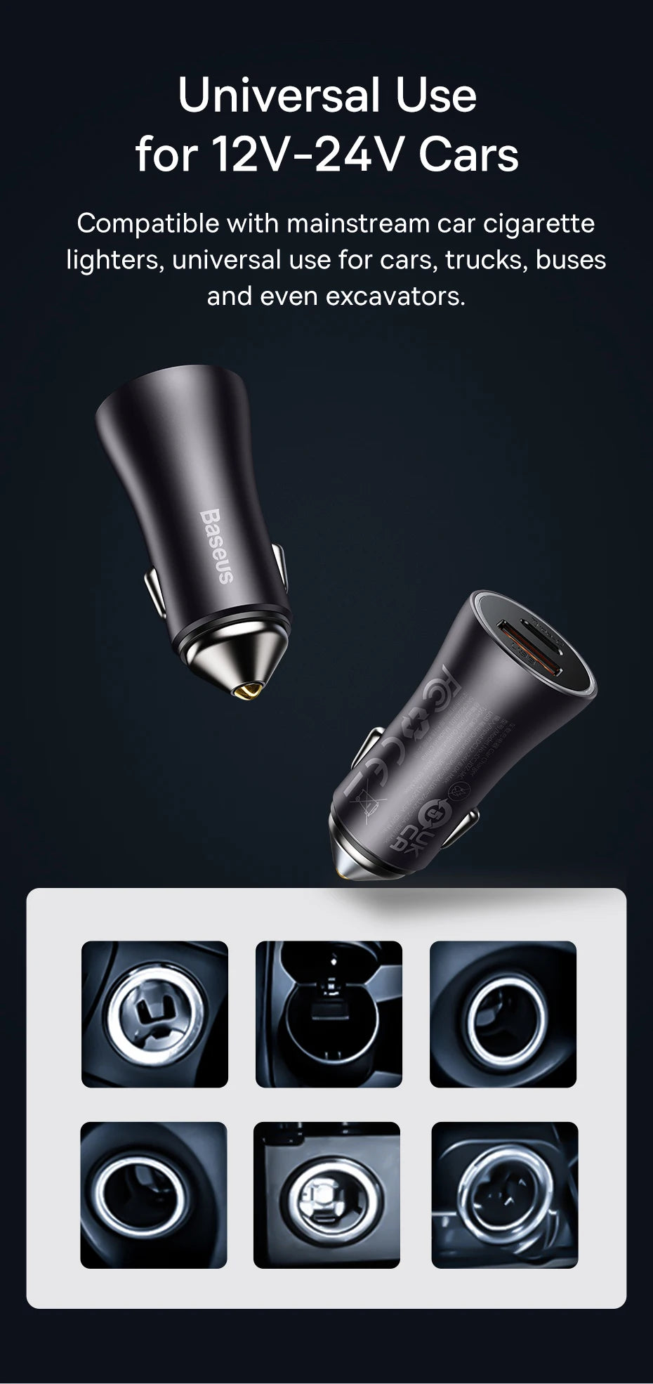 Baseus 60W USB Type C Car Charger Quick Charge QC 4.0 PD 3.0 Fast Charging Car Charger For iPhone 13 12 Pro Max Xiaomi Samsung