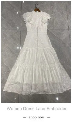 Vintage Flower Embroidery Hollow Out Lace White Dress Women's Stand Collar Long Lantern Sleeve Pearls Buttons Party Vestidos