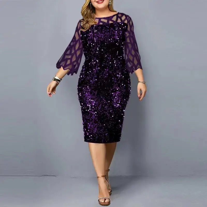 2022 Women Shiny Party Dresses M-5XL Size Evening Clothing O Neck Lace Short Sleeve Sheath Vintage Sequin Wedding Dress Ladies