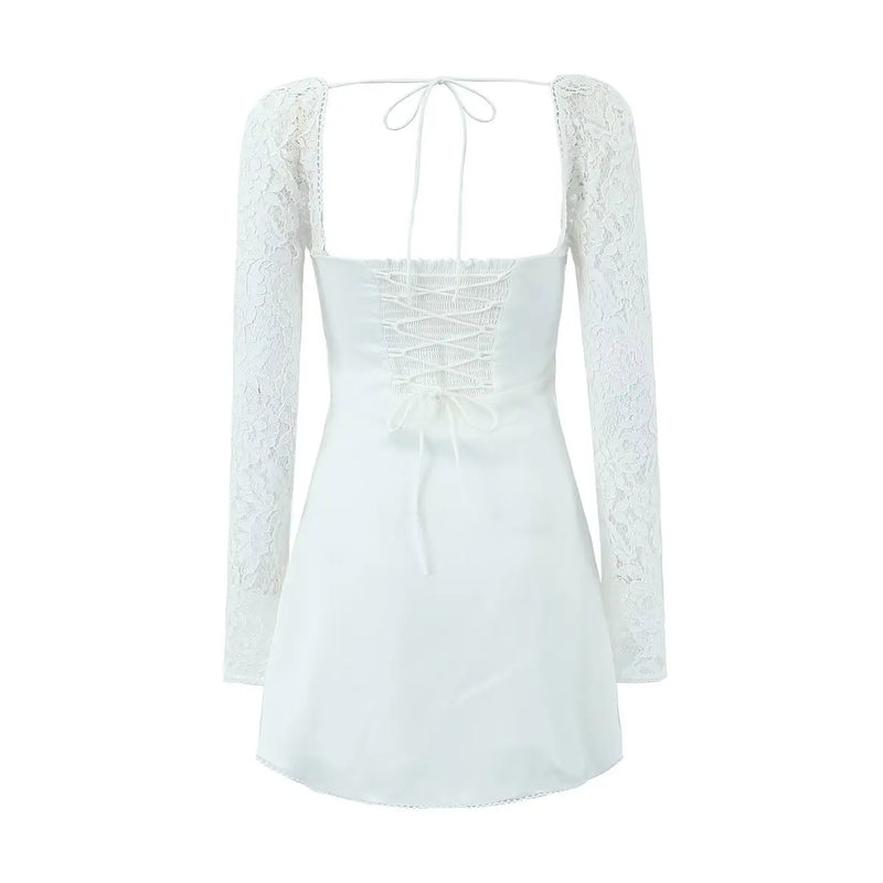 Sexy White Spliced Lace Wire Chest Corset Style Mini Dress Women Full Sleeve Cross Bandage Lacing up Back Bow Party Skater Robe