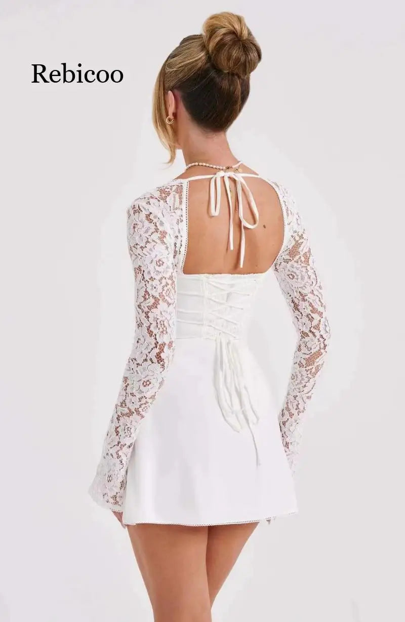 2024 European and American Fashion Women New Sexy Lace Lace Trimmed Slim Fit Backless French Long Sleeved Dress