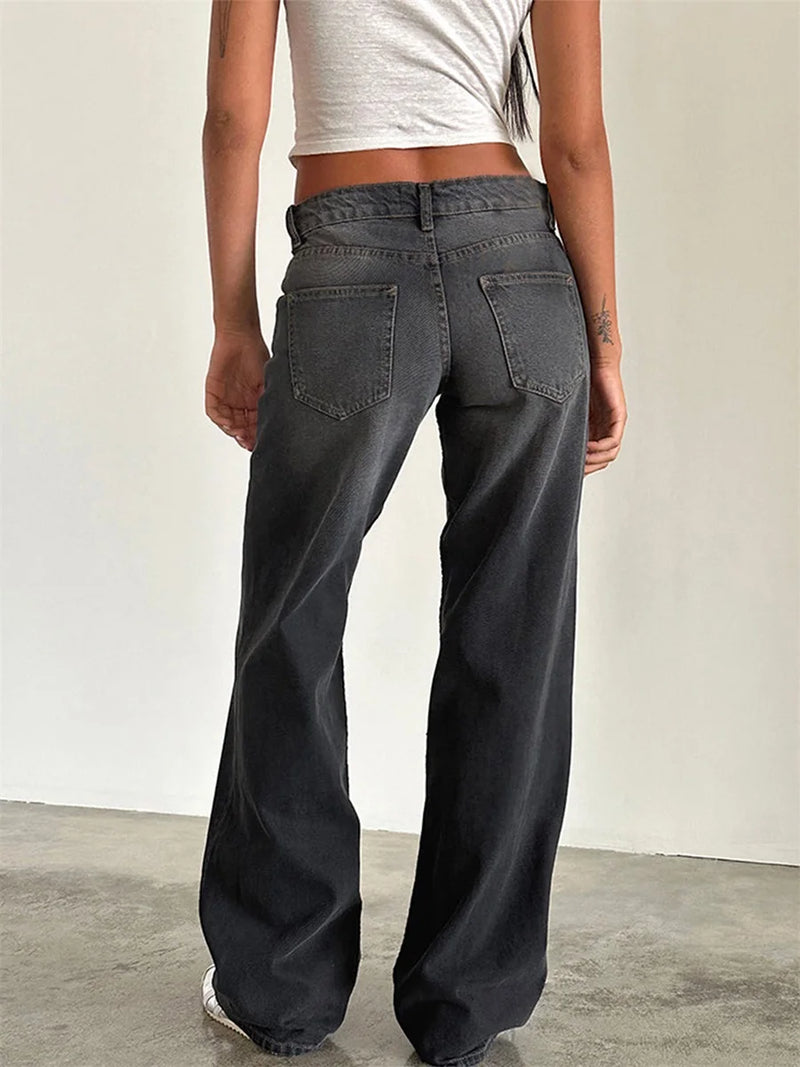 Women Casual Low Rise Jeans Fashion Loose Straight Leg Denim Pants with Pockets for Summer Spring