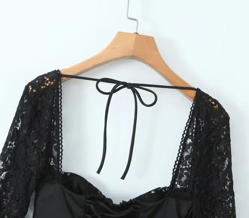 Sexy White Spliced Lace Wire Chest Corset Style Mini Dress Women Full Sleeve Cross Bandage Lacing up Back Bow Party Skater Robe