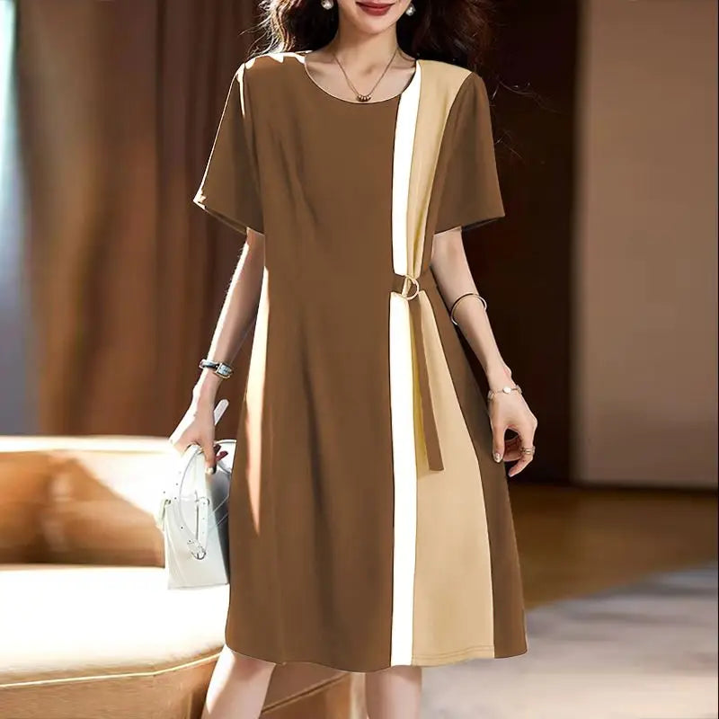 ZANZEA Women Patchwork Long Dress Korean Fashion Belt Waist Vestidos 2024 Summer Elegant Short Sleeve Robe Holiday Loose Dresses