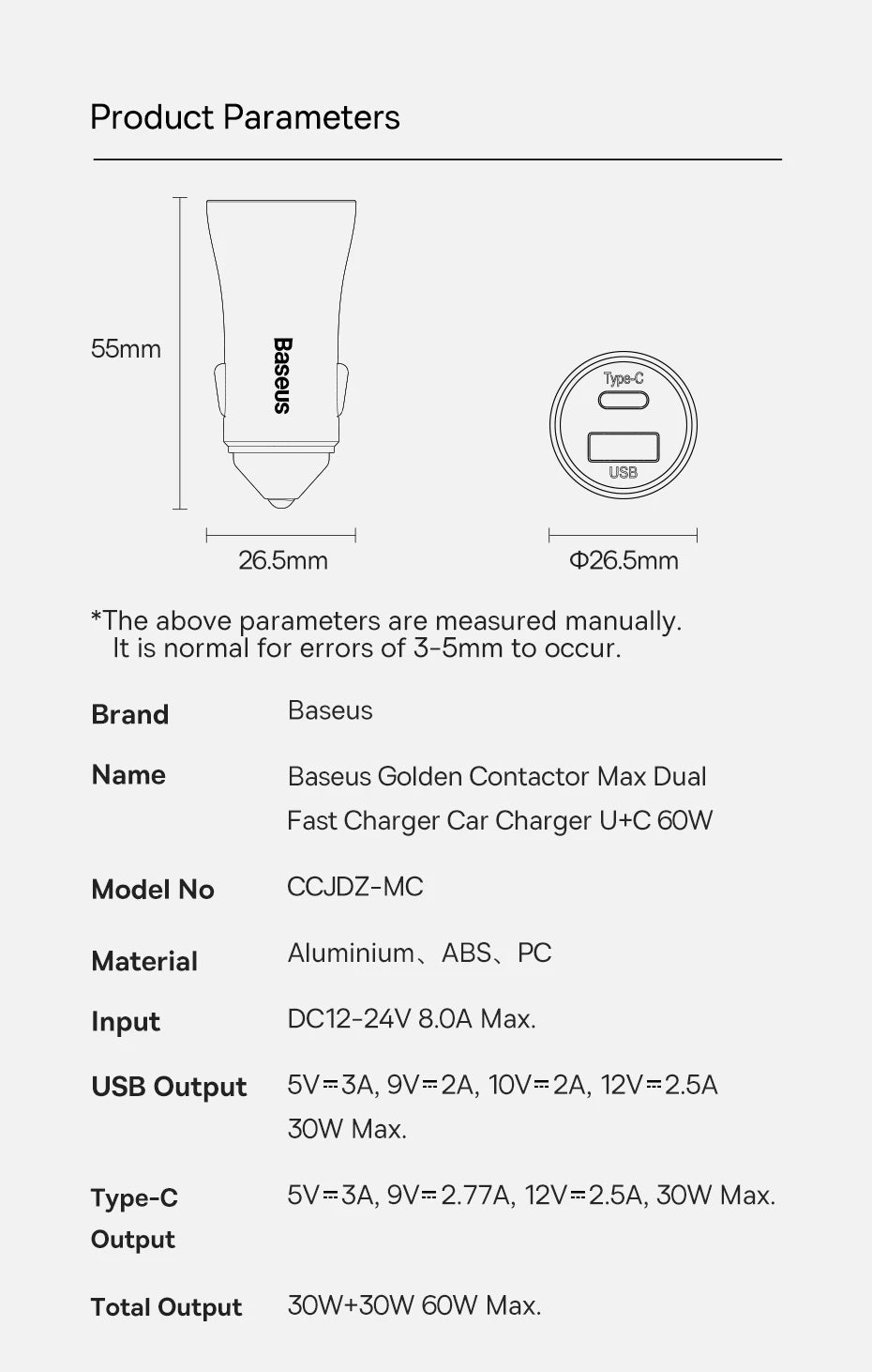 Baseus 60W USB Type C Car Charger Quick Charge QC 4.0 PD 3.0 Fast Charging Car Charger For iPhone 13 12 Pro Max Xiaomi Samsung