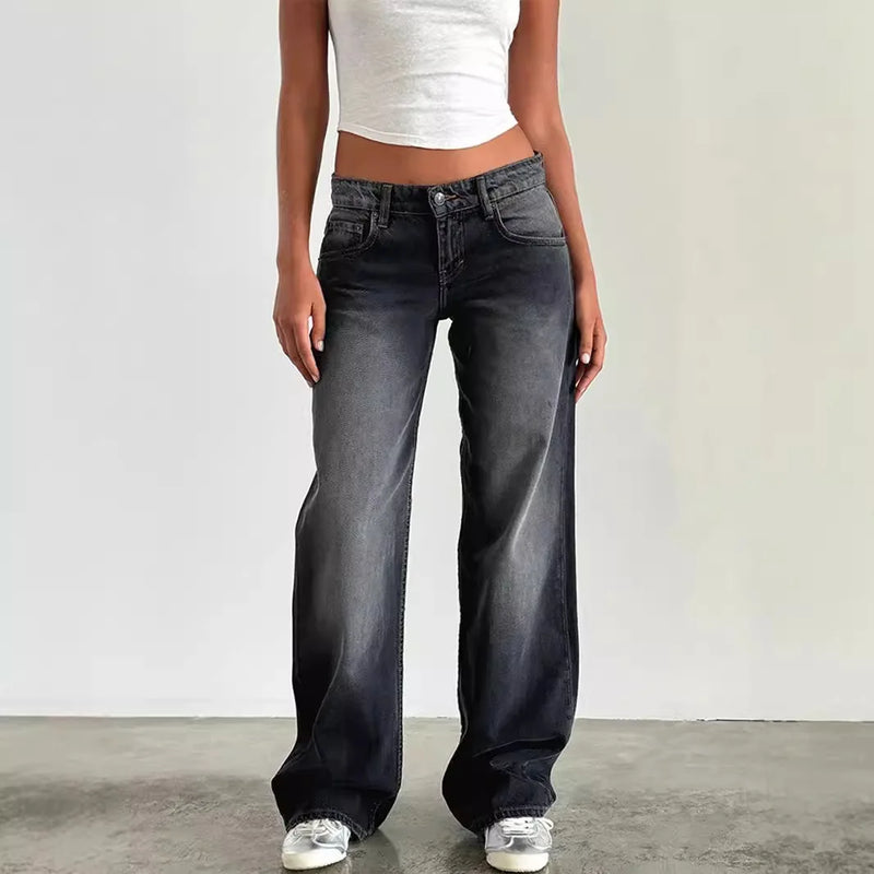 Jeans Women Denim Wide Leg Pant Floor Length Pants Splice Loose Casual Pockets High Waist Straight Trousers Autumn Winter
