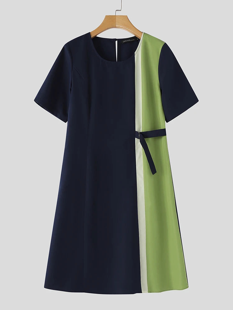 ZANZEA Women Patchwork Long Dress Korean Fashion Belt Waist Vestidos 2024 Summer Elegant Short Sleeve Robe Holiday Loose Dresses