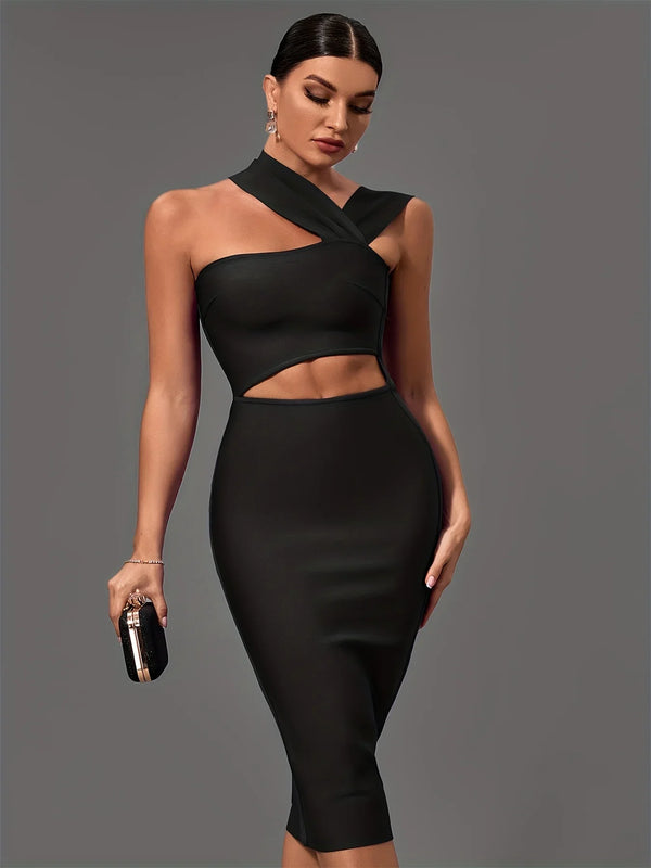 Black Bandage Dress  Women Midi Party Dress Bodycon Elegant  Halter Neck Sexy Cut Out Birthday Evening  Club Outfits Summer