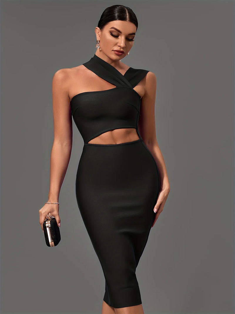 Black Bandage Dress  Women Midi Party Dress Bodycon Elegant  Halter Neck Sexy Cut Out Birthday Evening  Club Outfits Summer