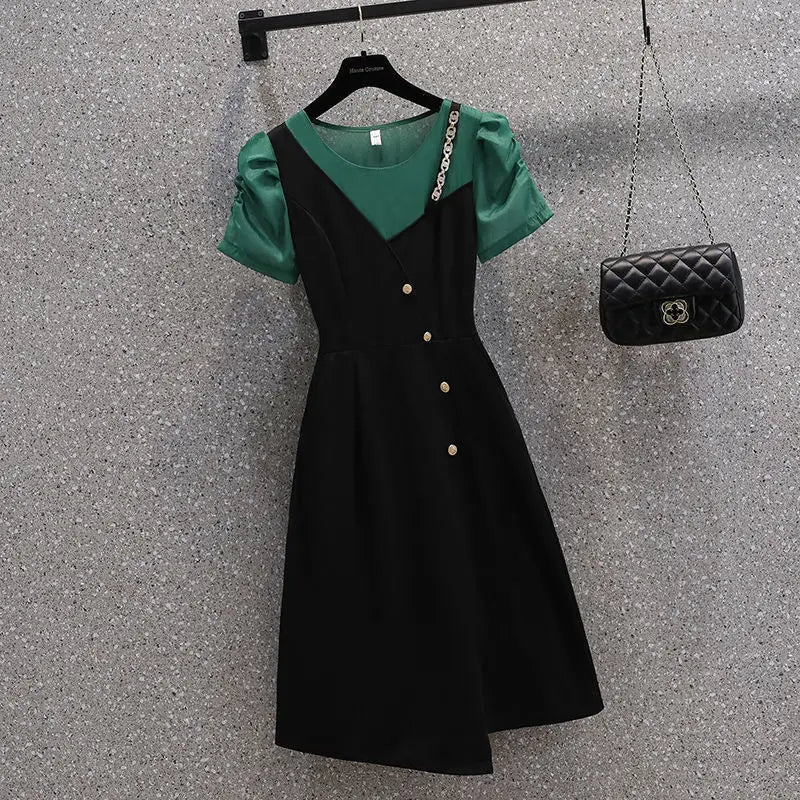 Korean Elegant Summer Dress 2025 New All-match Midi Skirt Women's Fashion Chic Irregular Slim T-Shirt Fake Two Piece Dresses