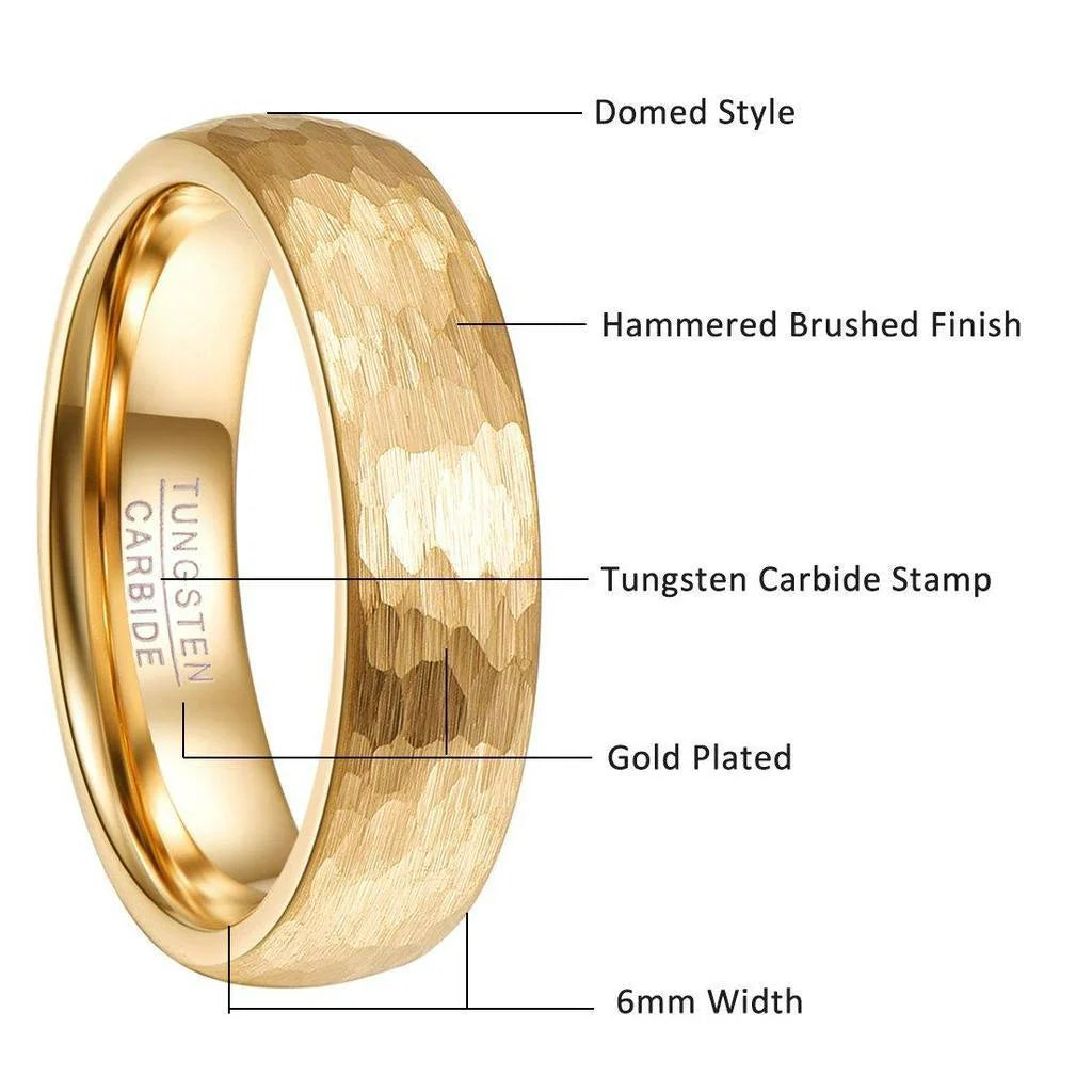 NUNCAD 6mm 4mm 18k Gold Plated Hammered Tungsten Carbide Ring Domed Comfort Fit Engagement Ring Size 5-12 T070R T071R