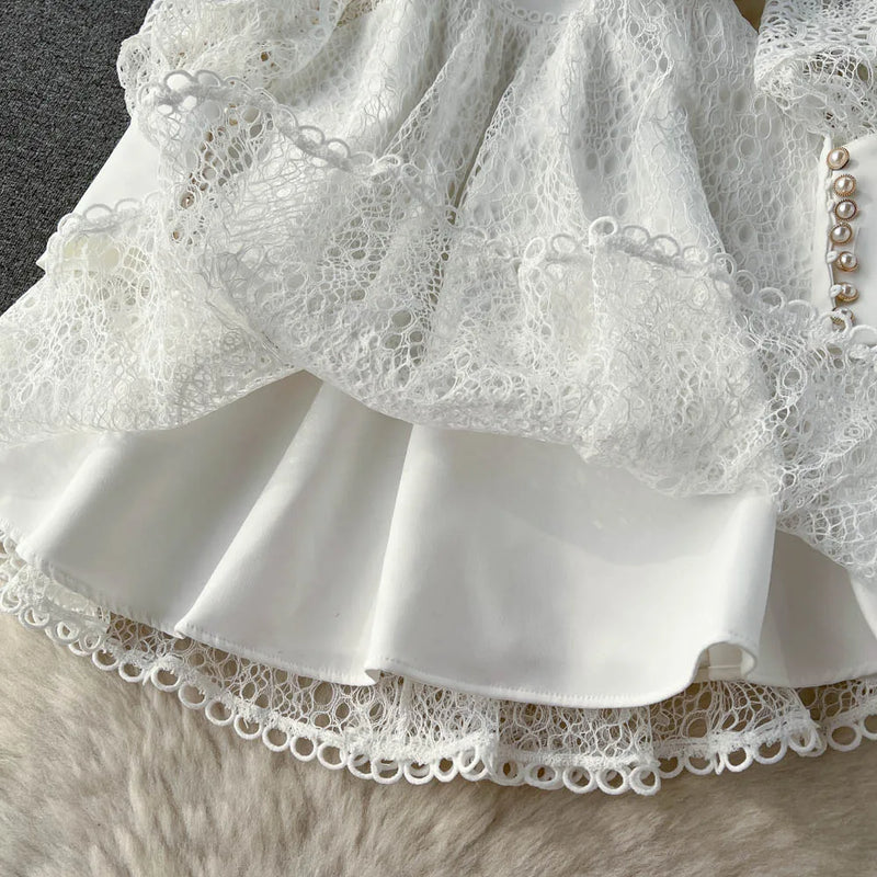 Vintage Flower Embroidery Hollow Out Lace White Dress Women's Stand Collar Long Lantern Sleeve Pearls Buttons Party Vestidos