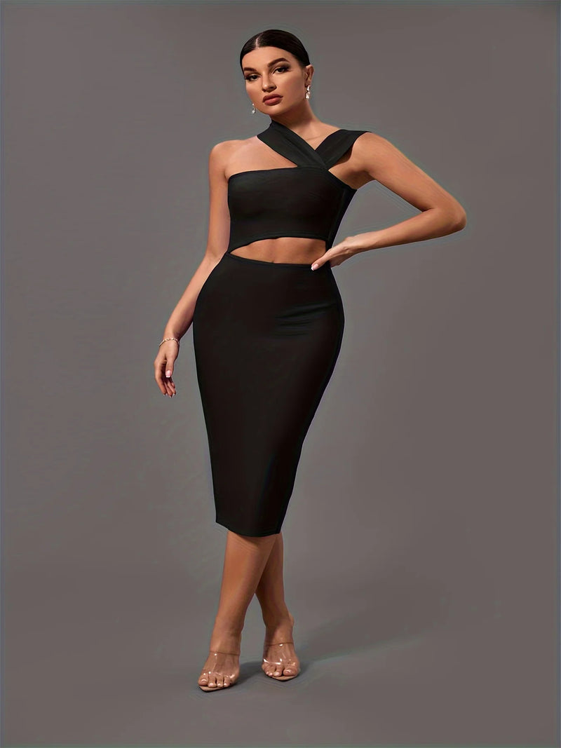 Black Bandage Dress  Women Midi Party Dress Bodycon Elegant  Halter Neck Sexy Cut Out Birthday Evening  Club Outfits Summer