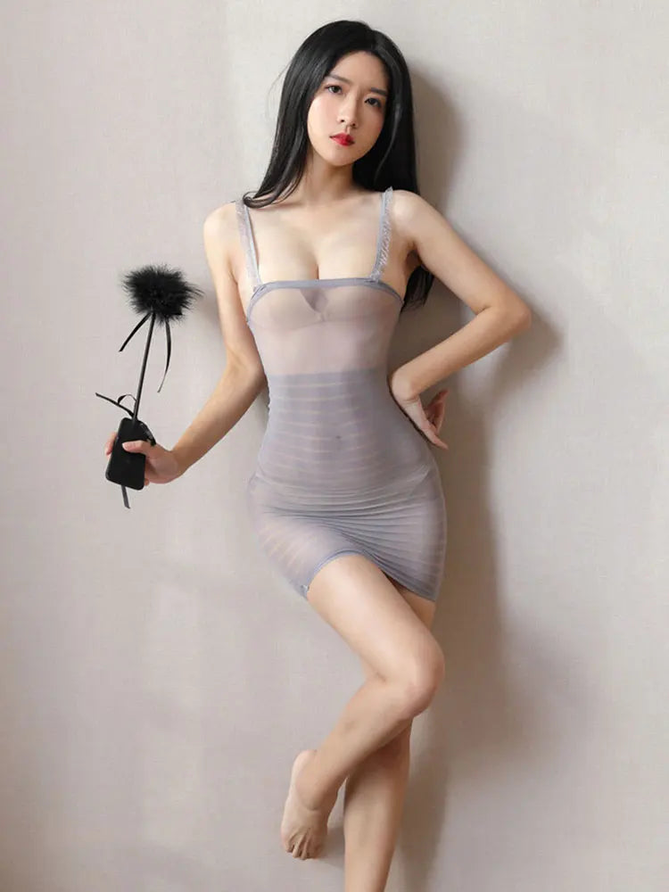 Sexy Lace Bandage Micro Mini Dress Appeal Nightclub Transparent Dress Sheer Striped Bodycon See Through Kawaii Style Backless