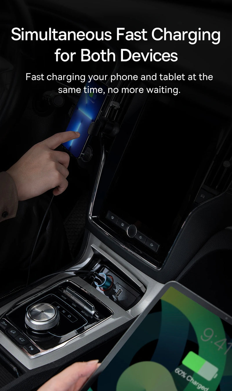 Baseus 60W USB Type C Car Charger Quick Charge QC 4.0 PD 3.0 Fast Charging Car Charger For iPhone 13 12 Pro Max Xiaomi Samsung