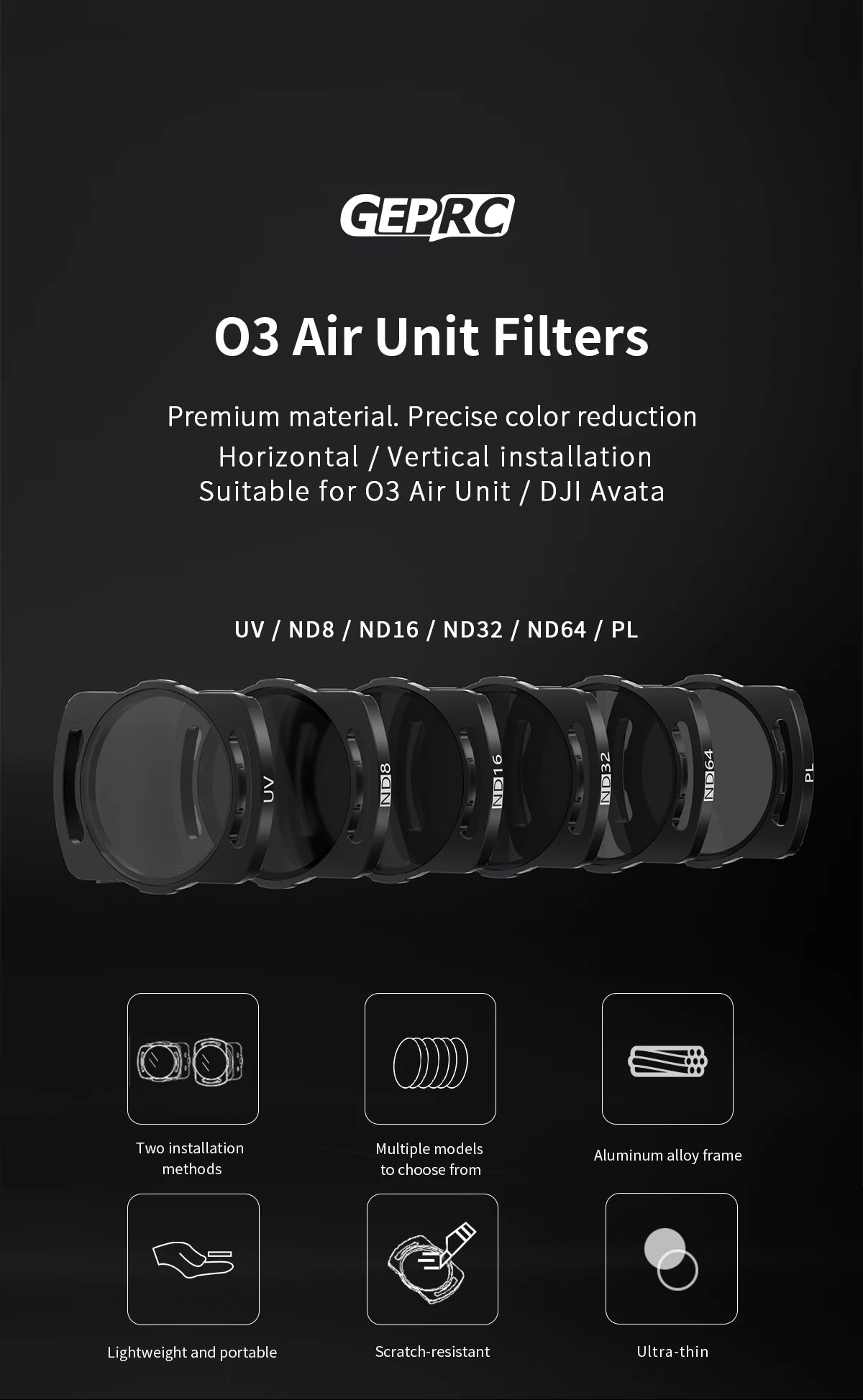 GEPRC O3 Air Unit ND Filters lens ND8 ND16 ND32 CPL Lens Filter Set Aluminium Alloy Frame for O3 Air Black Action Camera CPL Len