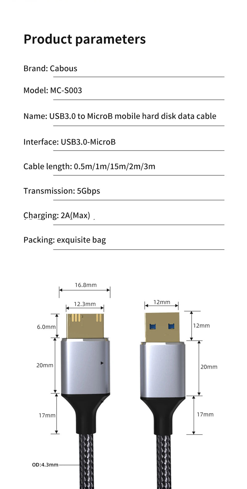 USB 3.0 Type A  to Micro B Connector Cable 5Gbps 3A Fast Data Sync Cord USB C to Micro B Adapter External Hard Drive Disk Cable