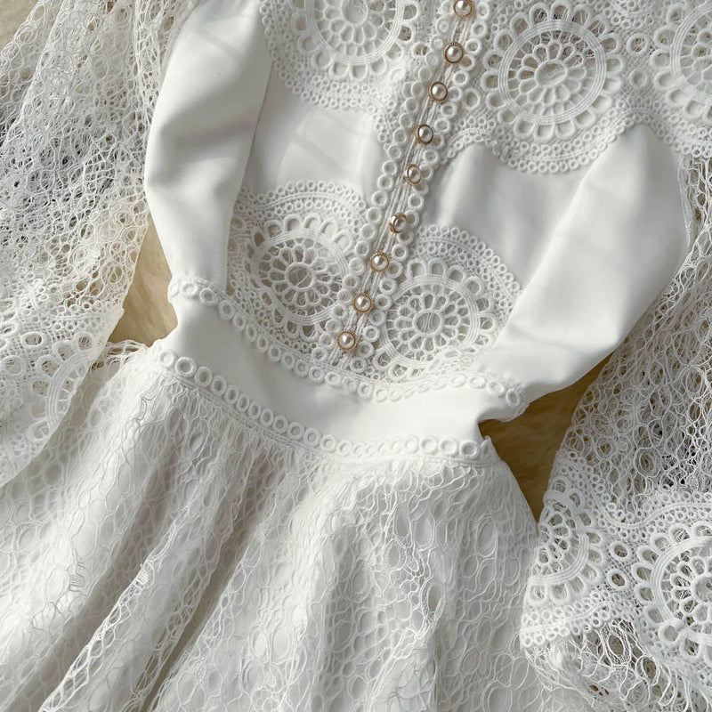 Vintage Flower Embroidery Hollow Out Lace White Dress Women's Stand Collar Long Lantern Sleeve Pearls Buttons Party Vestidos