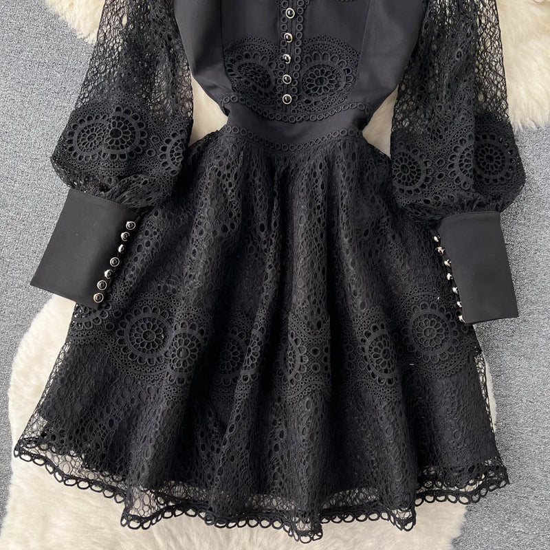 Vintage Flower Embroidery Hollow Out Lace White Dress Women's Stand Collar Long Lantern Sleeve Pearls Buttons Party Vestidos