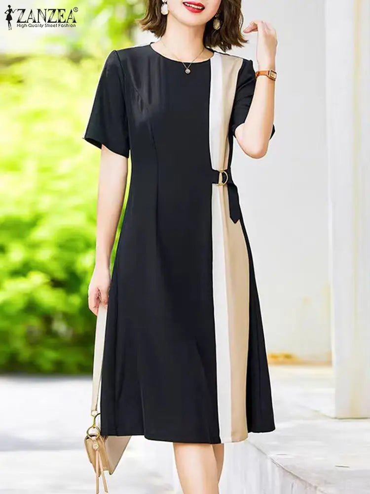 ZANZEA Women Patchwork Long Dress Korean Fashion Belt Waist Vestidos 2024 Summer Elegant Short Sleeve Robe Holiday Loose Dresses