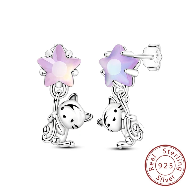 VAMO Earrings Real 925 Sterling Silver Jewelry Cat Picking Stars Ear Studs Sparkling Pave Earring Women Anniversary Wedding Gift