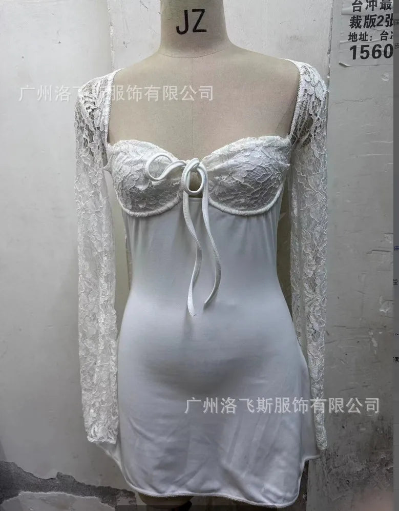 2024 European and American Fashion Women New Sexy Lace Lace Trimmed Slim Fit Backless French Long Sleeved Dress