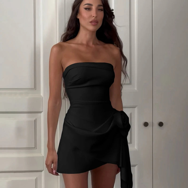 Sexy Flower Pleated Strapless Tube Dress Women Off Shoulder Backless Mini Dresses 2024 Summer Ladies New Evening Party Vestidos